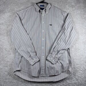 Faconnable Mens XL Button Down Shirt Long Sleeve Striped Cotton Brown Blue White